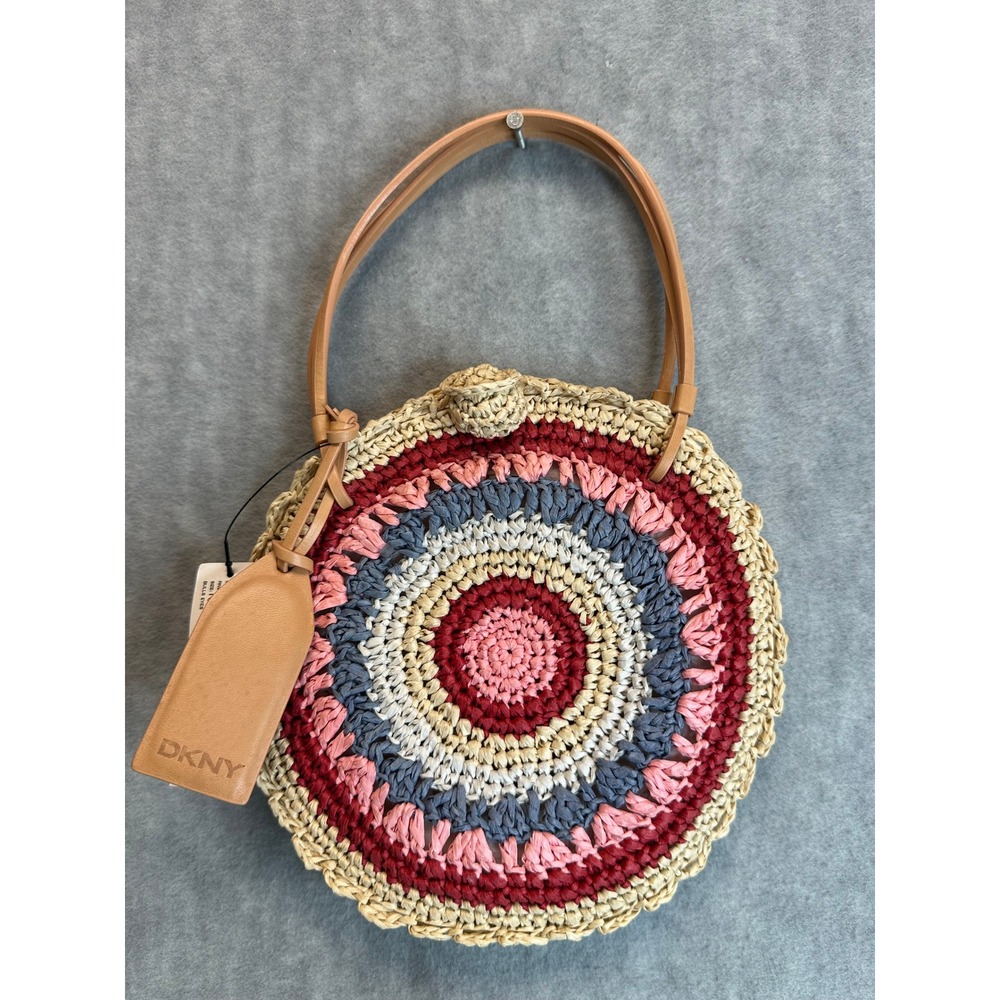 DKNY Raffia Handbag‎ Womens Small Multicolor New Woven Circle Boho Purse